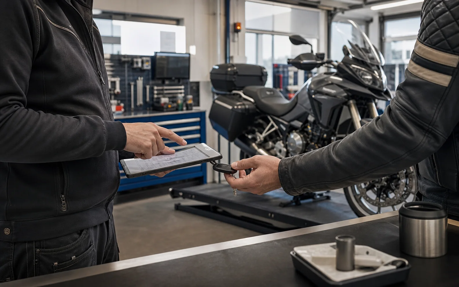 Werkstatt-Impression: persönliche Übergabe eines Motorrads nach dem Service
