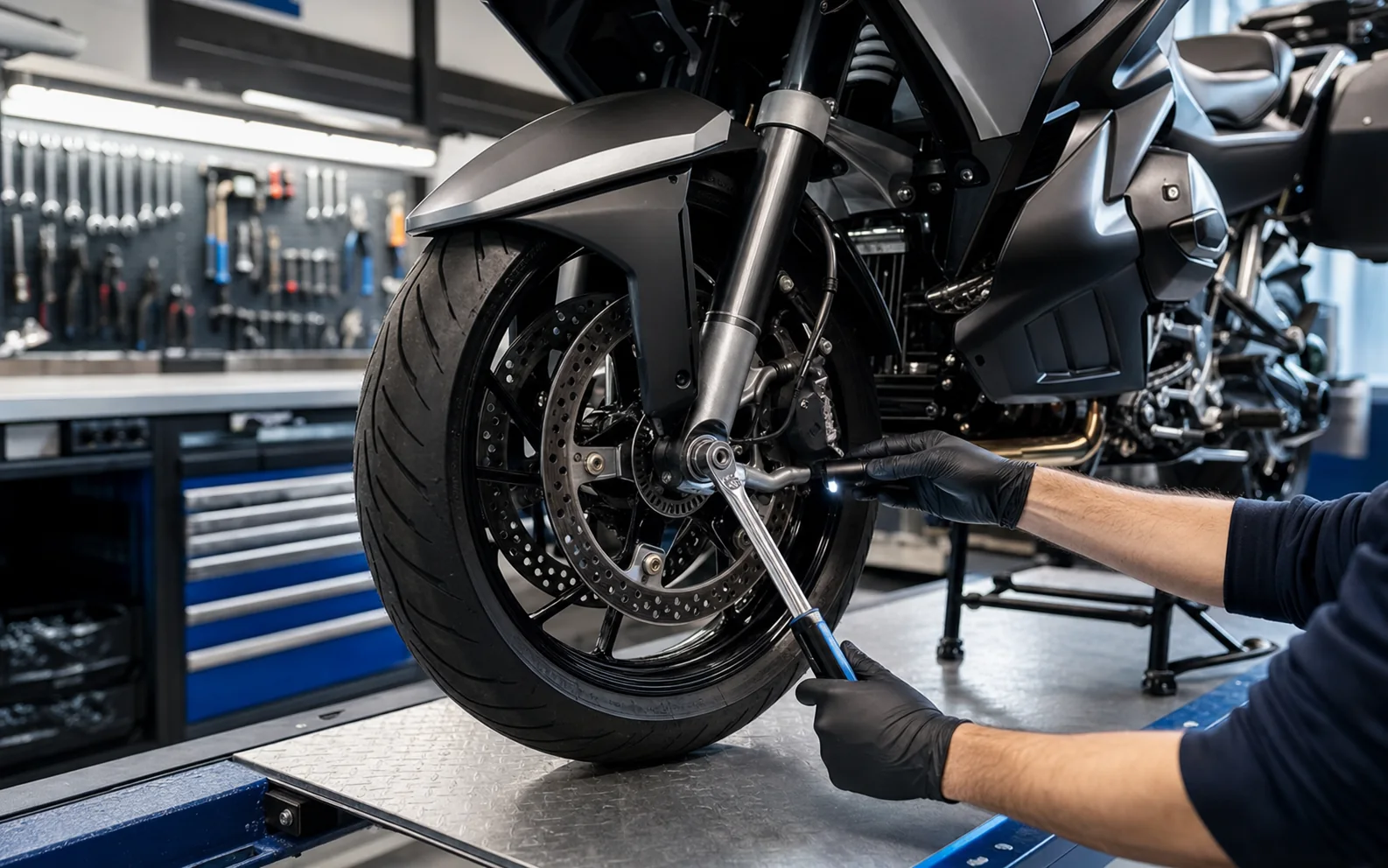 Werkstatt-Impression: sorgfältige Wartung am Vorderrad eines Motorrads